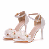 Stiletto open toe sandals plus size high heel sandals white flower wedding shoes bridesmaid dress skirt shoes