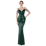 Women Floor-length Sleeveless V-neck Mermaid Sequined Dress