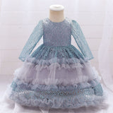 New Children's Dress Long Sleeve Pure Color Lace Multi-Layer Gauze Pompous Skirt Little Girl Princess Dress Evening Dress