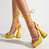 Square toe rhinestone strap elegant sexy lace-up sandals thick platform women's chunky high heels