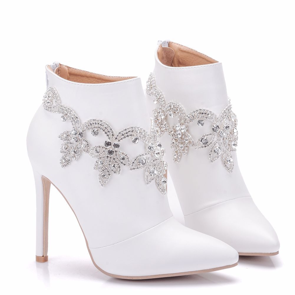 Large size boots stiletto heel pointed toe rhinestone flower wedding boots banquet shoes boots Dr. Martens Boots stiletto heel single-layer boots