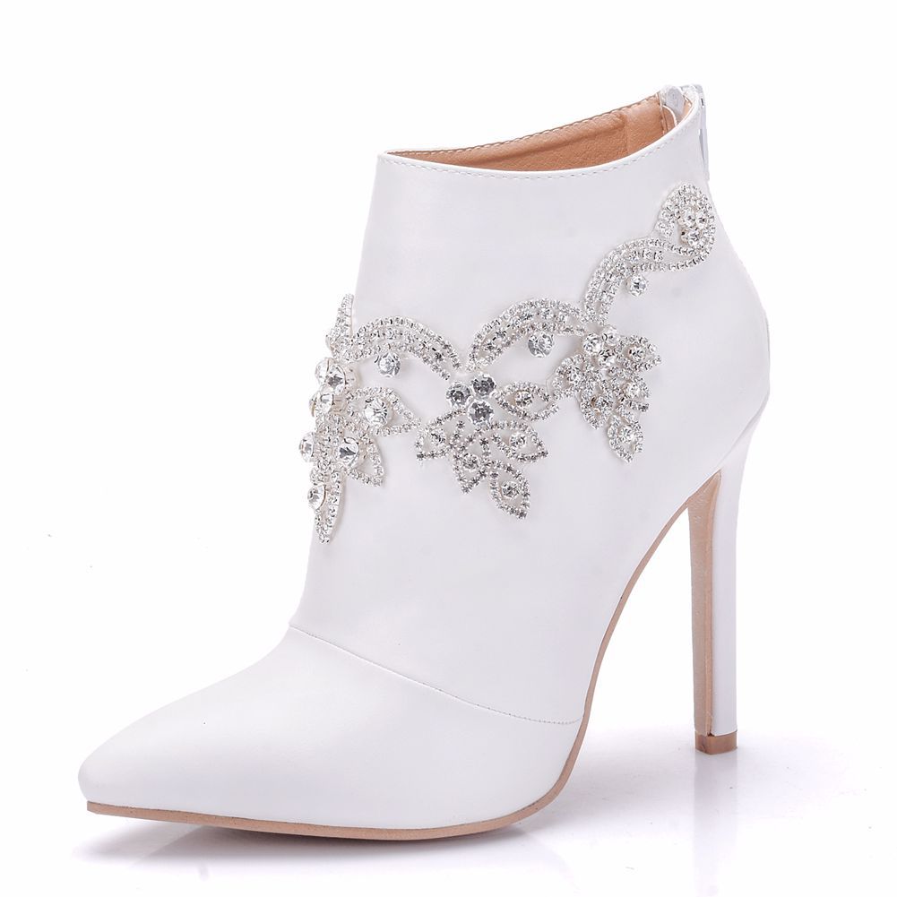 Large size boots stiletto heel pointed toe rhinestone flower wedding boots banquet shoes boots Dr. Martens Boots stiletto heel single-layer boots