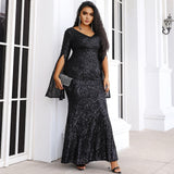 Plus Size V Neck Maxi Evening Dresses Sequin Split Sleeve Zip Back Prom Dresses