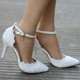 White Pearl lace wedding shoes wrist strap shoes stiletto heels pointed-toe wedding shoes women's sandals