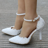 White Pearl lace wedding shoes wrist strap shoes stiletto heels pointed-toe wedding shoes women's sandals