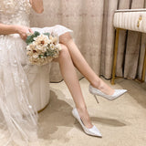 Lace bridal shoes women pointed toe shallow mouth stiletto heel high heels