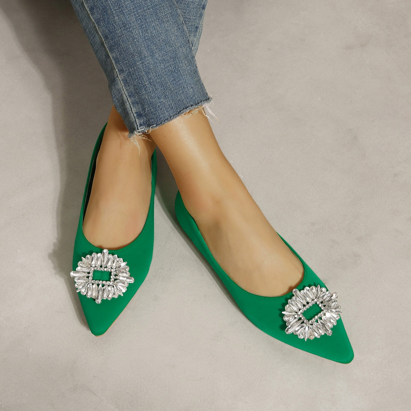 Flat pumps low-cut women's pointed toe rhinestone square buckle Mary Jane women's shoes suede loafers