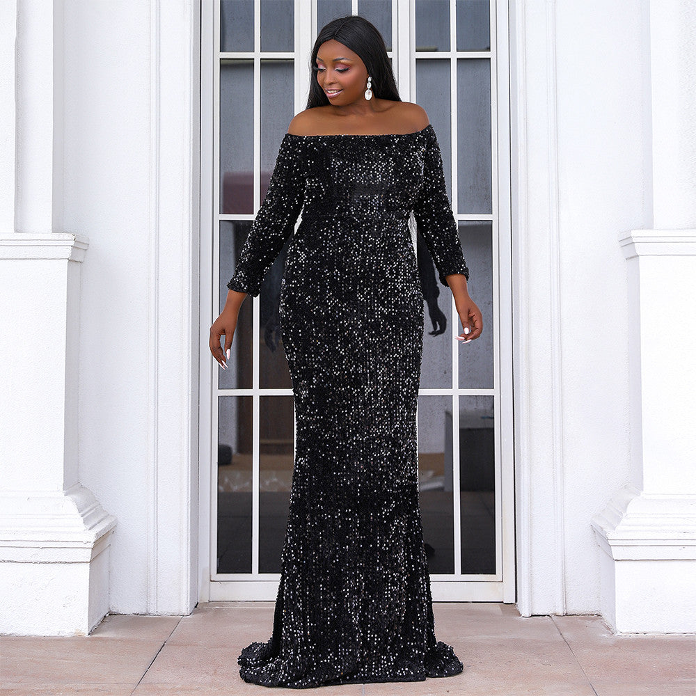 Plus Size Long Sleeve New Sequined Off Shoulder Women Evening Dresses