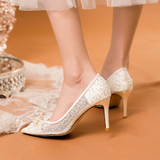 Rhinestone lace bridal shoes Pearl mesh sequined high heels