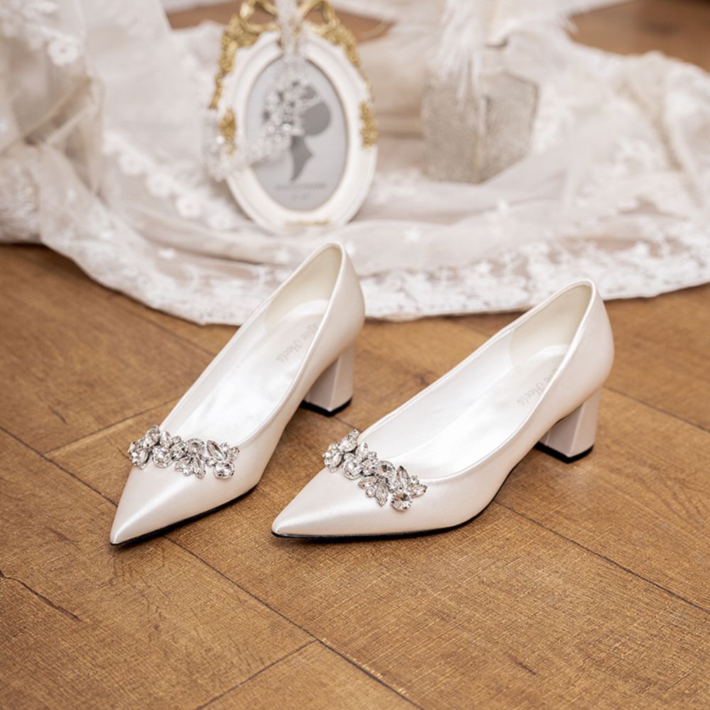 Rhinestone chunky heel bridal shoes mid heel plus size