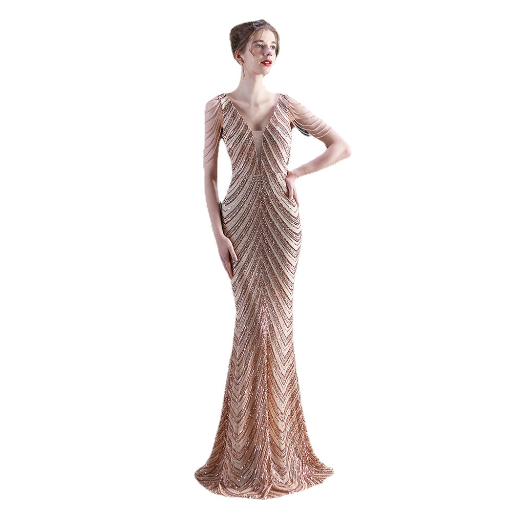New Design Floor-length Sleeveless V-neck Trumpet Or Mermaid Sequined Evening Dress