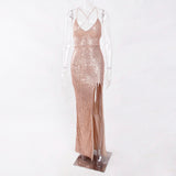 Women Sleeveless Tie Up Backless Slit Sequin Maxi Party Dress