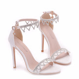High heel sandals White single strap shoes stiletto peep-toe Roman sandals Rhinestone Wedding Shoes sandals