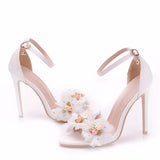 11cm high heel sandals White single strap shoes stiletto peep-toe Roman sandals white flower sandals