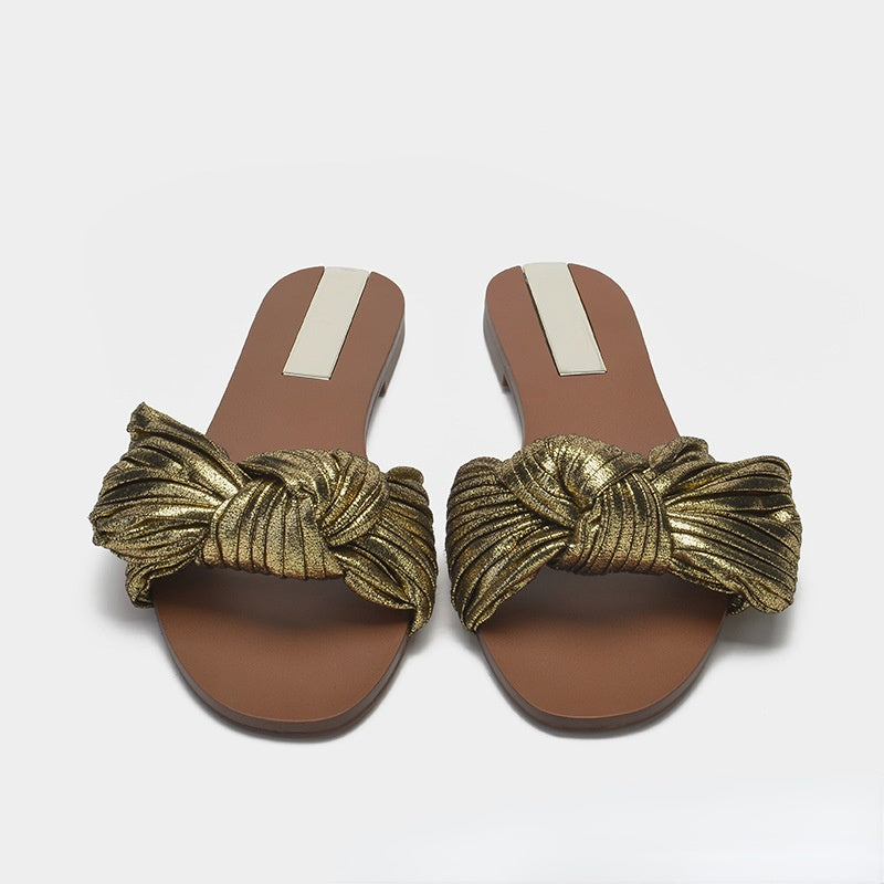 Flat sandals wrinkle bow Golden Slippers women's beach holiday outdoor sandals