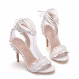 9cm white lace-up high-heeled sandals flounced strap Roman high heel sandals plus size sandals stiletto peep-toe