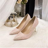 Lace bridal shoes women pointed toe shallow mouth stiletto heel high heels