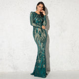Women O Neck Long Sleeve Stretch Sequins Party Maxi Gown  Evening Dress