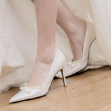 White satin bow Pearl bridal shoes