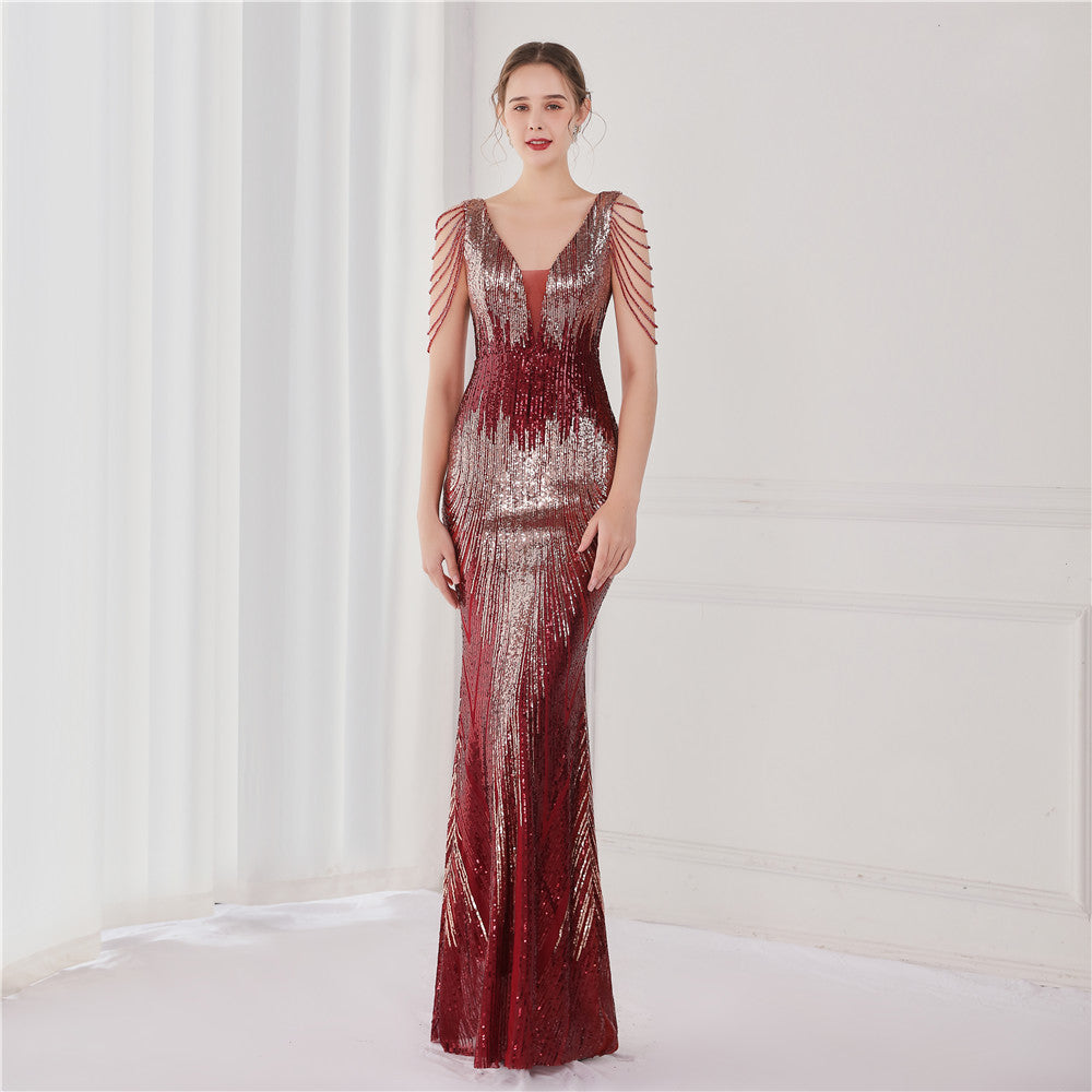 Women's Plus Size Dress New Design Floor-length Sleeveless V-neck Sequin Evening Dress