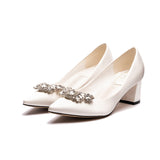 White satin chunky heel rhinestone plus size bridal shoes