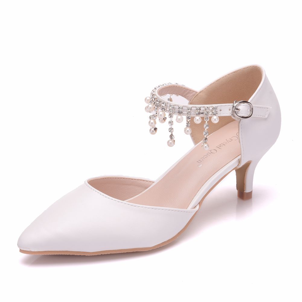 White and fine heel pointed toe sandals low heel low heel large size sandals women's beaded wedding shoes bridal shoes