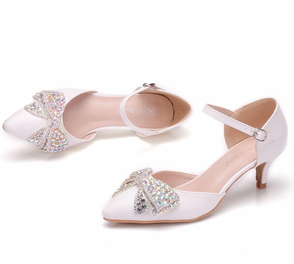 Rhinestone bow low heel wedding shoes