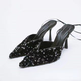 Women's high heels sequin slingback pointed toe strap stiletto heel pumps