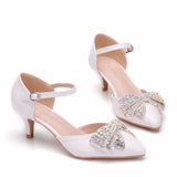 Rhinestone bow low heel wedding shoes