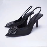 Women's shoes black high heels pointed toe dignified rhinestone pointed-toe square buckle stiletto heel pumps
