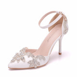 White tassel rhinestone sandals stiletto heel pointed toe sandals white pointed toe shoes women's high heels