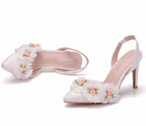 Large size stiletto heel pointed sandals cool back with high heels white high-heeled sandals white flower wedding shoes for women