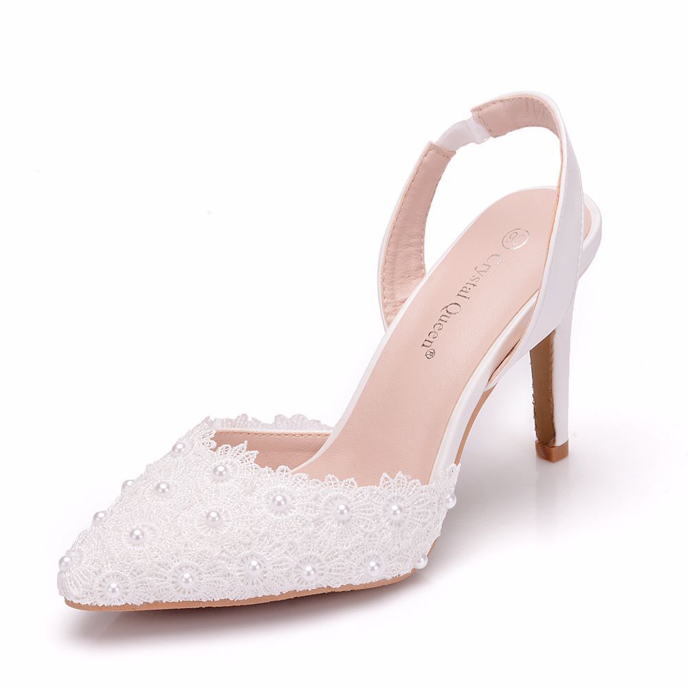 Large size stiletto heel pointed sandals cool back with high heels white high-heeled sandals white lace wedding shoes for women