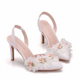 Large size stiletto heel pointed sandals cool back with high heels white high-heeled sandals white flower wedding shoes for women