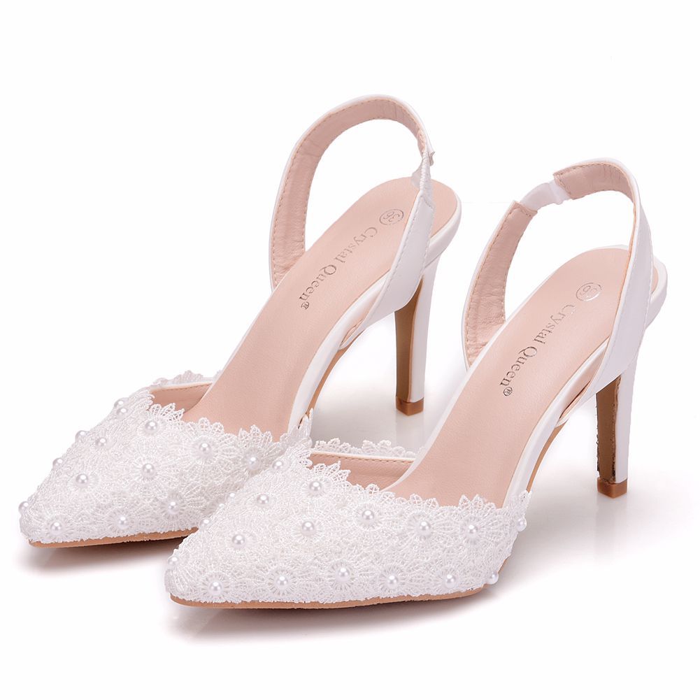 Large size stiletto heel pointed sandals cool back with high heels white high-heeled sandals white lace wedding shoes for women
