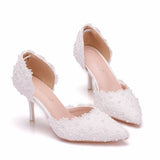 7.5 white lace wedding shoes stiletto heel pointed sandals hollow two-piece sandals large size lace