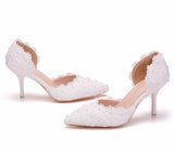 7.5 white lace wedding shoes stiletto heel pointed sandals hollow two-piece sandals large size lace