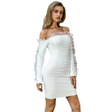 Off Shoulder White Lace Dress On Arms Bandage Long Sleeve Mini Dress