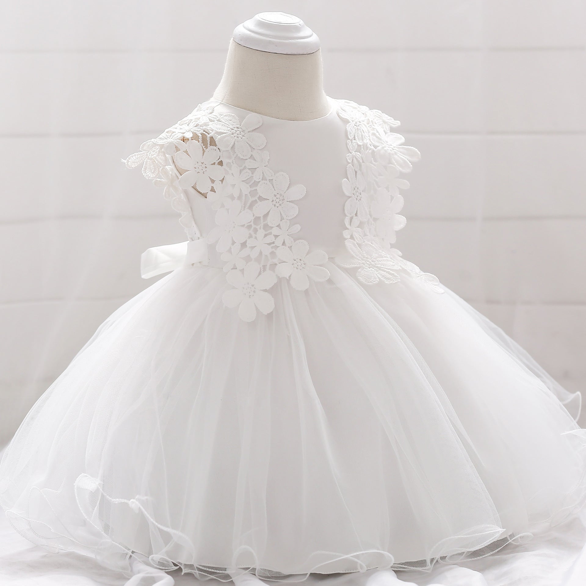 Baby's First Birthday Wedding Dress Lovely Lace Hook Flower Princess Dress Baby Cotton Breathable Dress