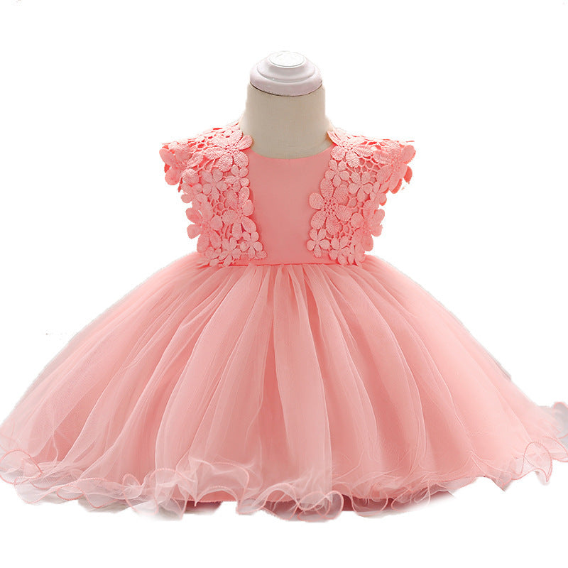 Baby's First Birthday Wedding Dress Lovely Lace Hook Flower Princess Dress Baby Cotton Breathable Dress