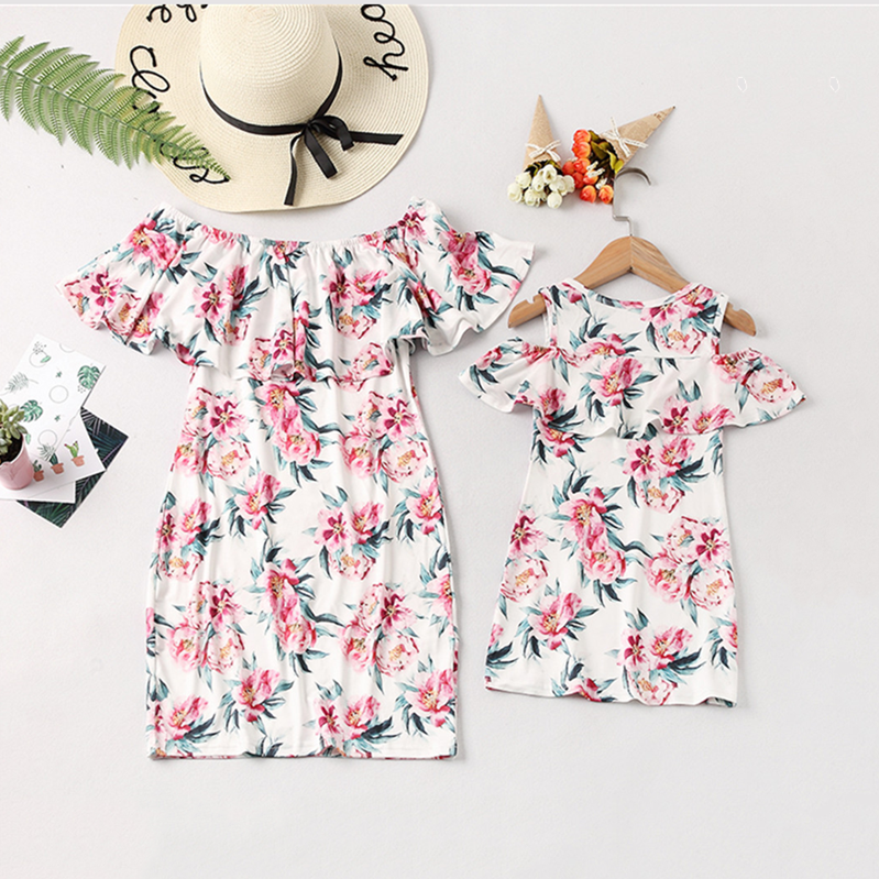 spring and summer new off shoulder printed mother daughter Ruffle Dress parent-child dress