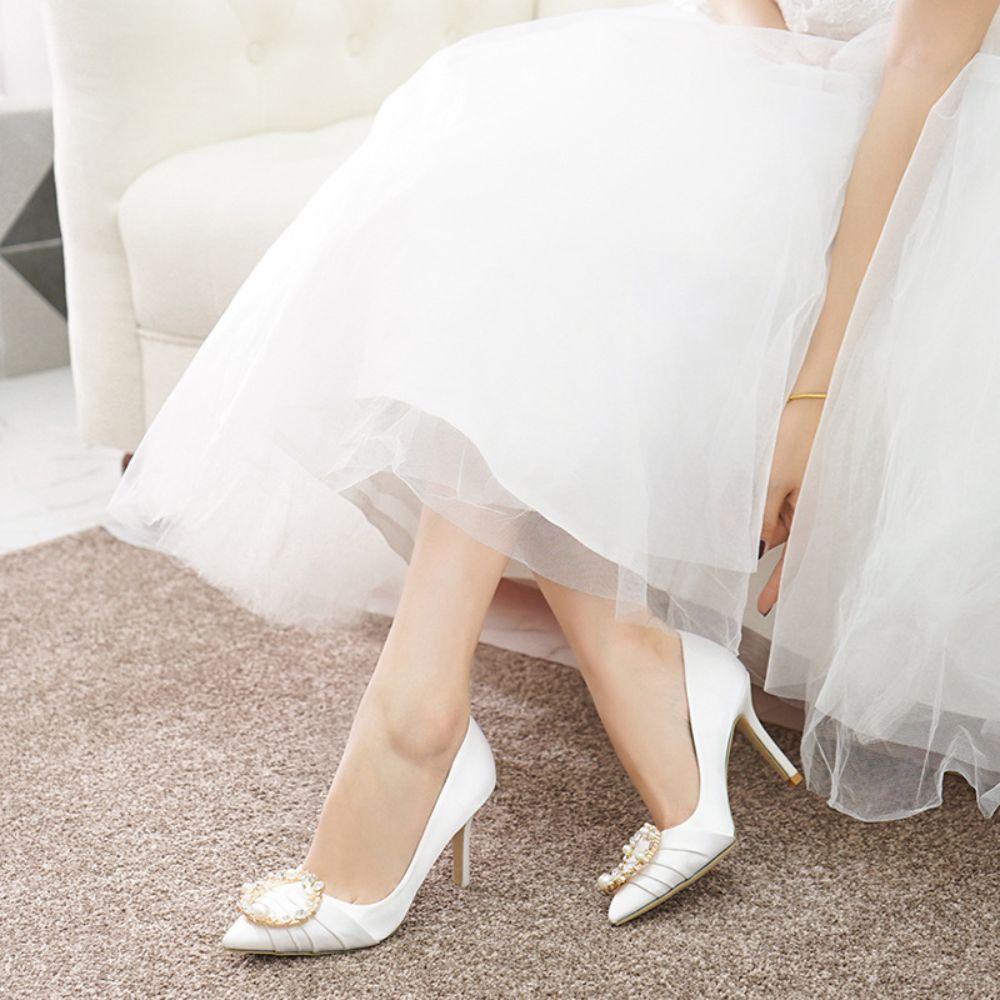 Satin high heels Pearl Rhinestone large size bridal shoes