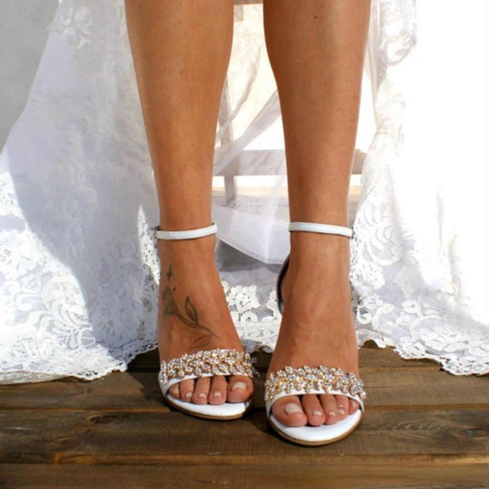 Rhinestone chunky heel white bridal shoes strap large size sandals