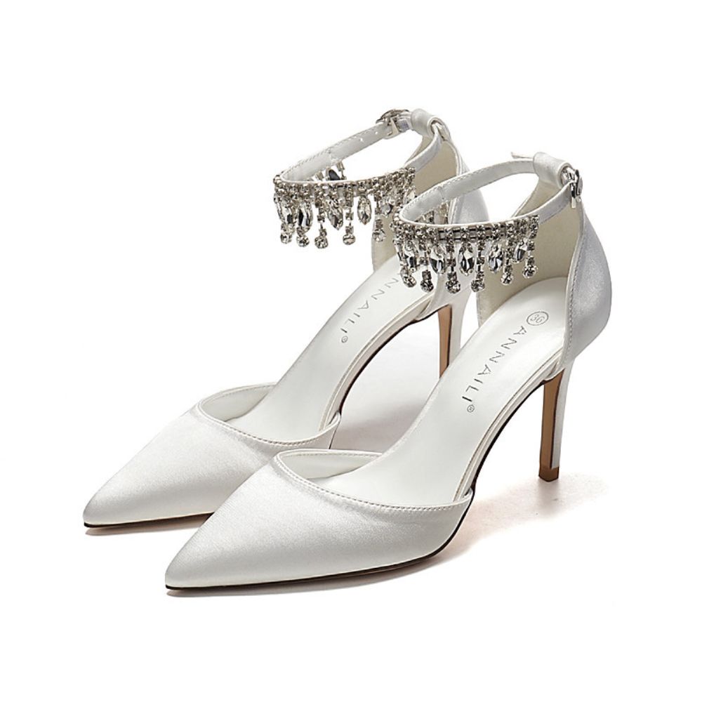 White and fine heel bridal shoes with rhinestone chain pointed toe