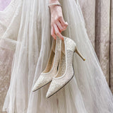 Crystal high heels sequined sexy mesh lace bridal shoes