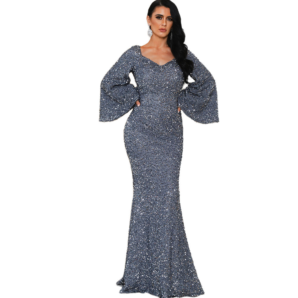 Women Sweetheart Neck Trumpet Long Sleeve Floor Length Sequins Evening Dress
