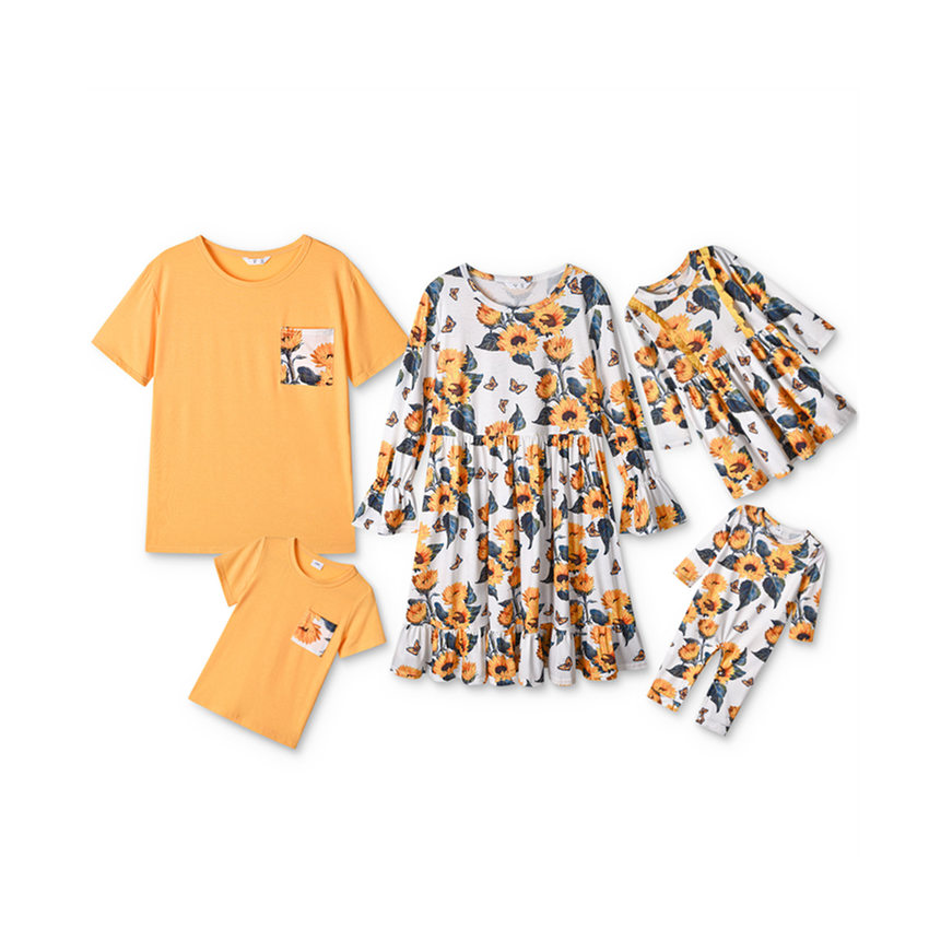 Family Matching stitching printing flower parent-child outfit