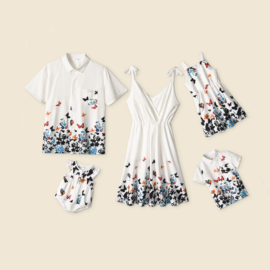 Family Matching printed flowers parent-child T-shirt suspender skirt