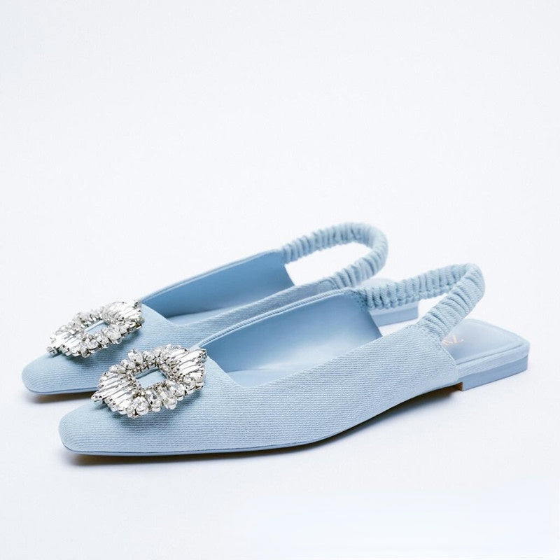 Women's shoes blue denim fabric flat casual shoes rhinestone flat pumps