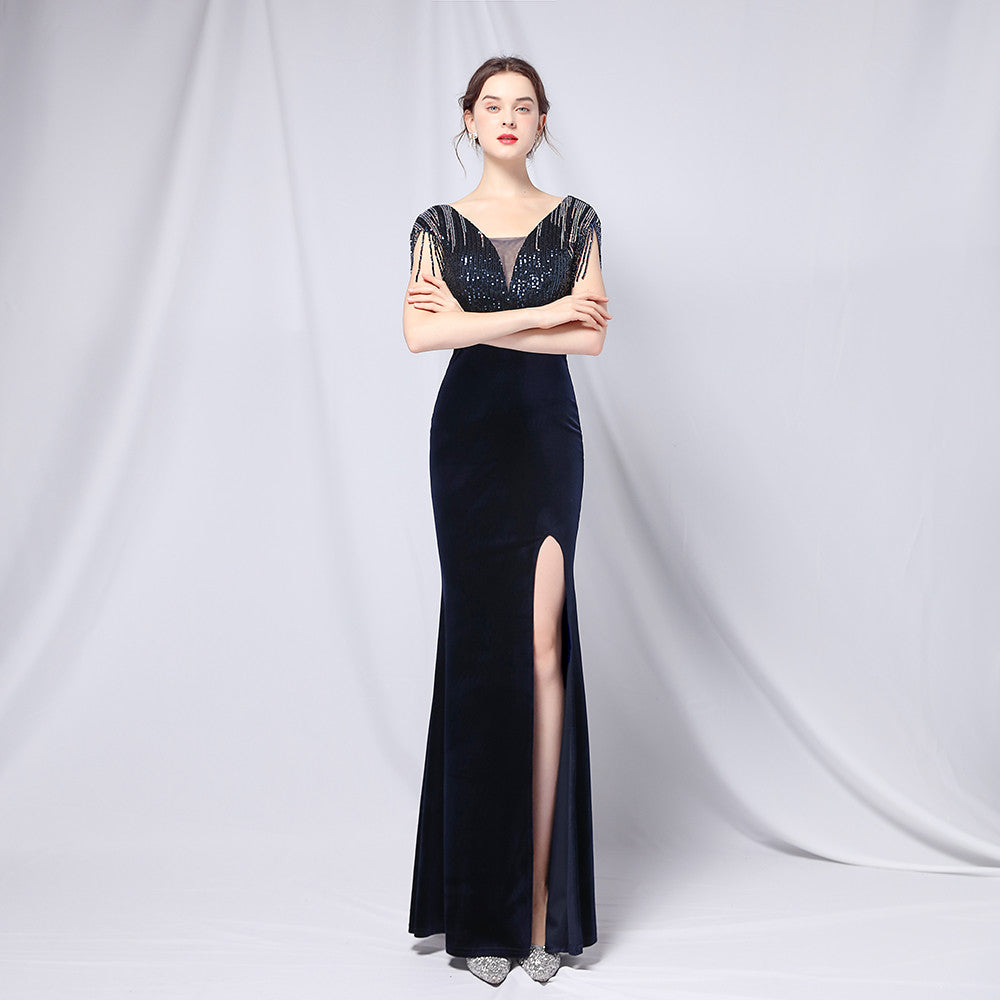 Women's  Plus Size Dress Velvet Gradient Bead Shoulder Banquet Evening Dress